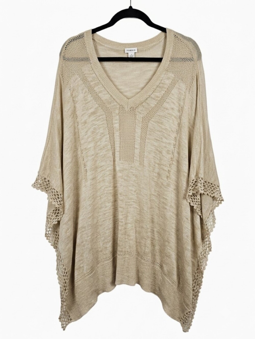 Chico's Neutral Beige Crochet-Trim V-Neck Poncho Sweater
